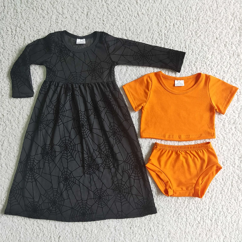 Módna Halloween Dievčatko Troj kusové oblečenie Čierne čipky Šaty Oranžové krátke rukávy Krátko Klácho Roztomilé oblečenie pre batoľa