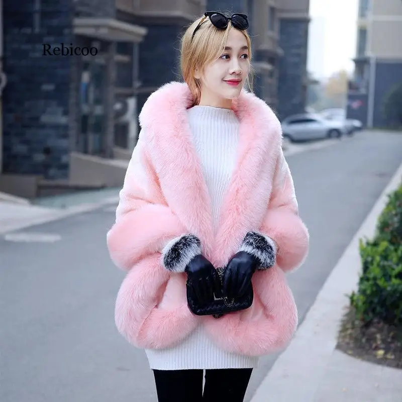 Módna kožušina Cloak Cloak Women Autumn Winter Faux Mink kožušina Bunda Fox Fox Collar Shawl Shawl Touchwear Síči