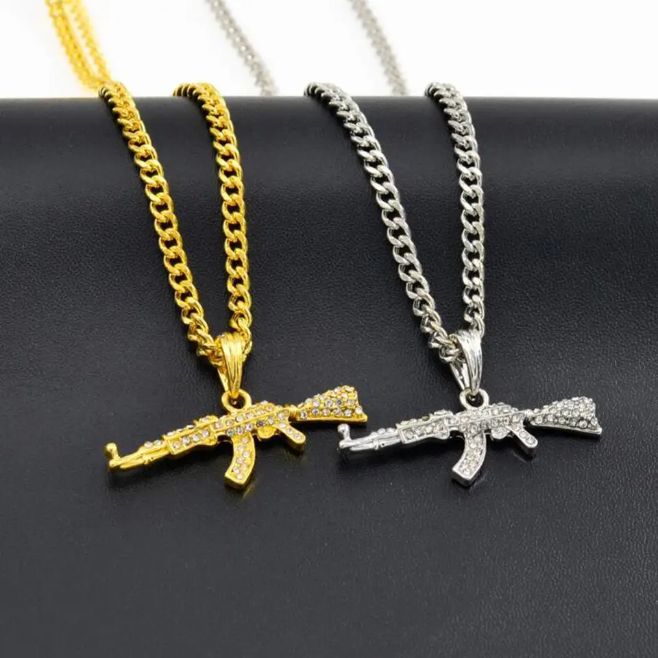 Módna kreatívna hip hop submachine Gun Pendant náhrdelník Crystal AK 47 Rodinestone bling reťazec náhrdelník