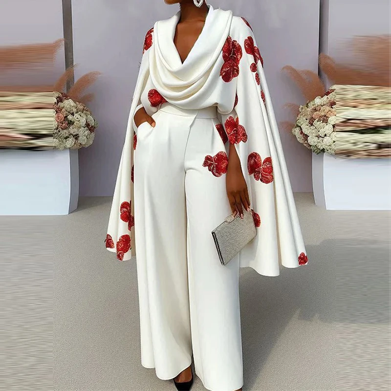 Módna kvetinová tlač Pleat 2pc Outfits Elegantné pullover a dlhé nohavice Pilov