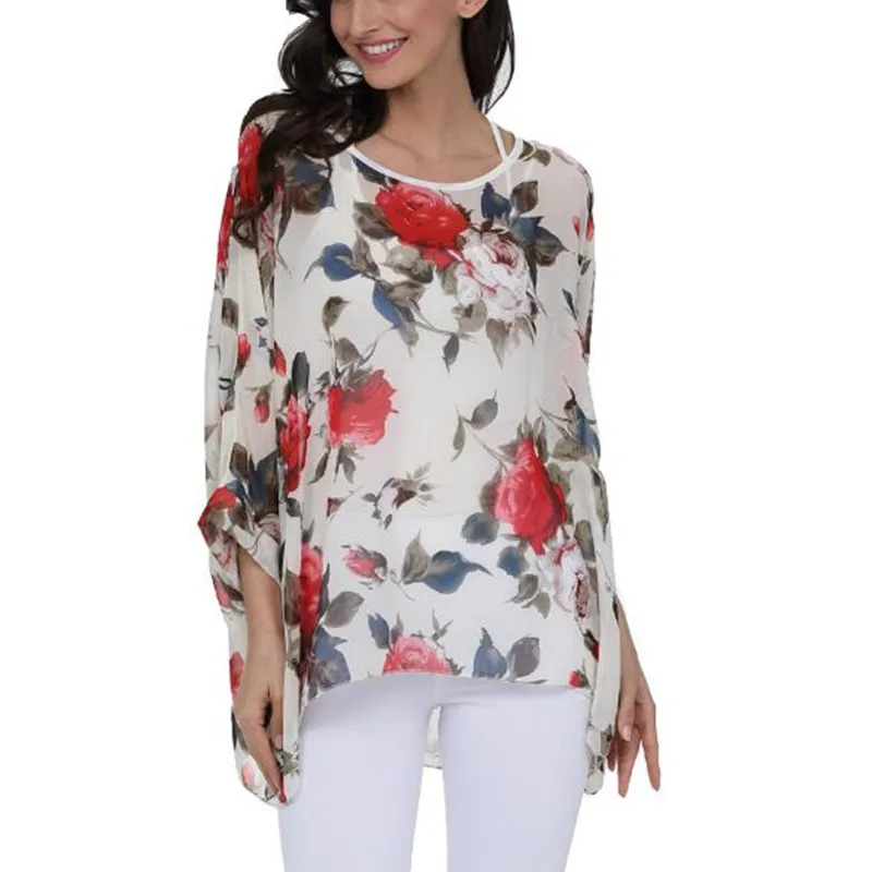 Módna kvetinová tlač polovičná rukávová blúzka Ženy O-NECK Beach šifónové tričko Summer Top Loose Loose Bohemian Casual Boho Cover Up