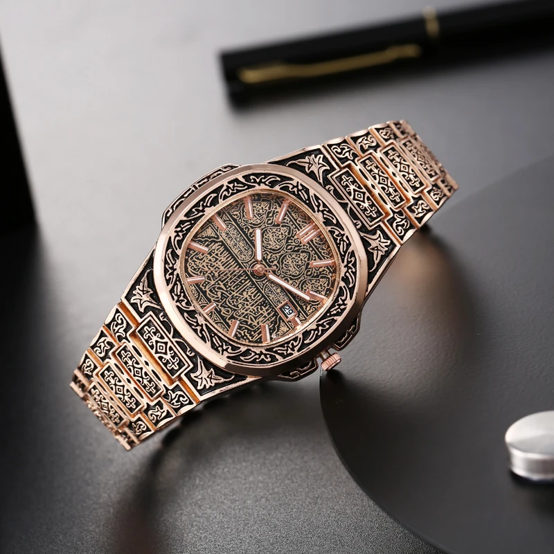Módna luxusná značka Vintage Men Quartz Watches kvetinové vzory rezbárske hodinky erkek koc saati męski Zegarek часы ساعة يد