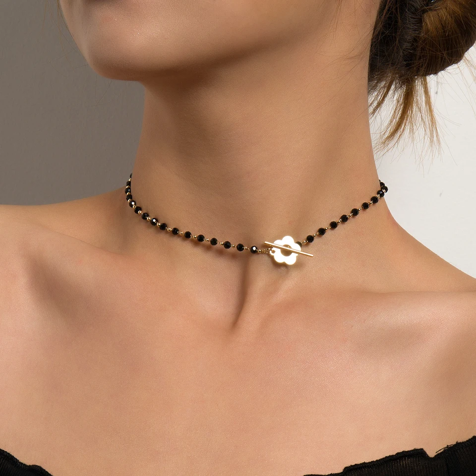 Módna luxusná čierna krištáľová sklenená korálková retiazka Choker náhrdelník pre ženy kvet Lariat Lock Golier Golier Náhrdelník šperky Party kúzlo