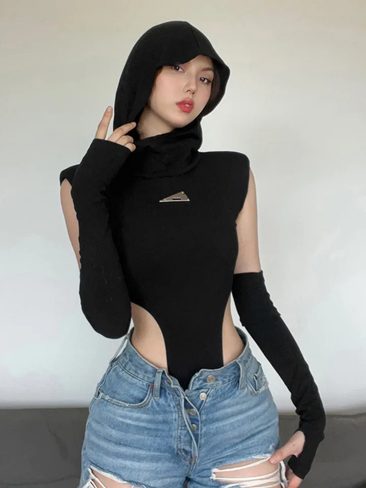 Módna masívna farebná s kapucňou BodySuit One Piece Sexy okrúhly krk bez rukávov bez rukávov Sexy príležitostné ležadlá Slimwear Festival outfit