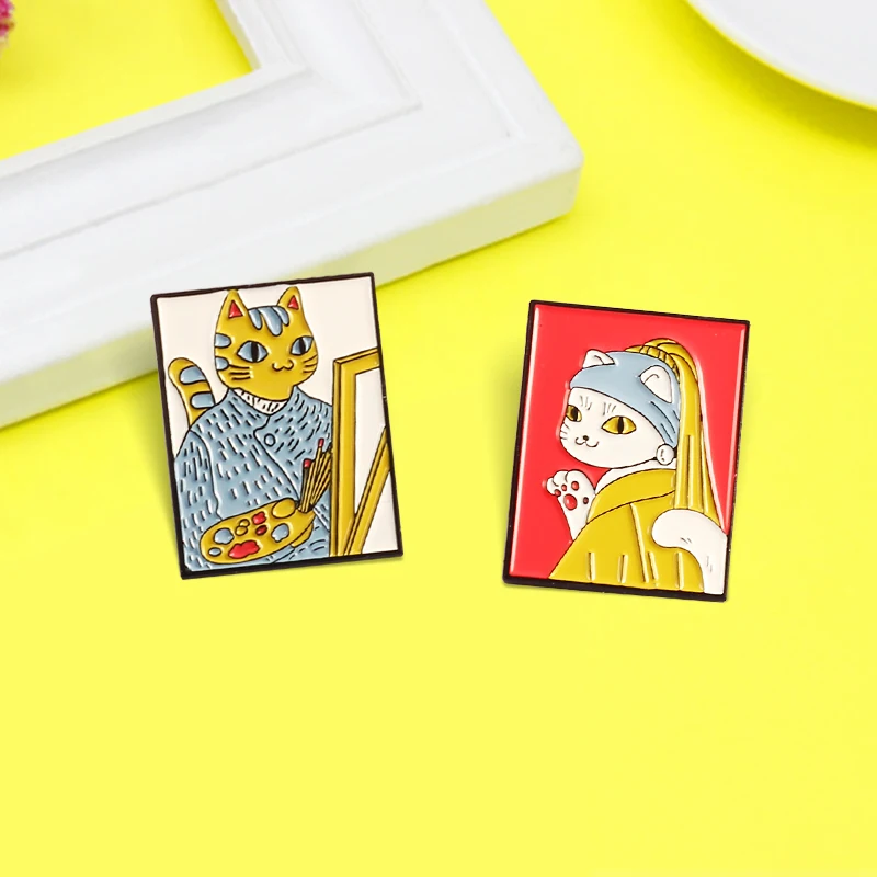 Módna maľba olejomaľba smaltovaný PIN Cat Van Gogh's, dievča s perlou náušnice Art Art Animal Brošes klopa pre maliarske odznaky šperky