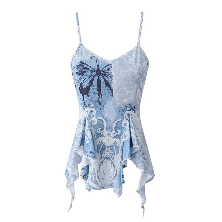 Módna modrá kravata Dye Print V-Neck Ruffles Camisole Tops 2025 leto New Tank Top Y2K Grunge Sexy Slim Fit Vest for Womnen