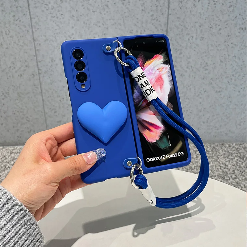 Módna modrá čierna láskavo srdce PC puzdro s náramkom na náramok s náramkom pre zápästie pre Samsung Galaxy Z Fold 5 4 Zold6 Zold 2 3 5G