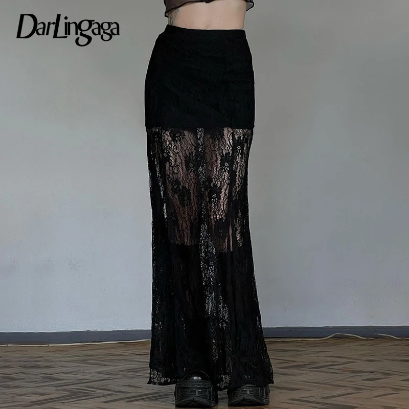 Módna móda elegantná pevná čipka sukňa Žena boho gotické tmavé rozdelenie dlhé sukne Transparentné dvojvrstvové dámske spodky