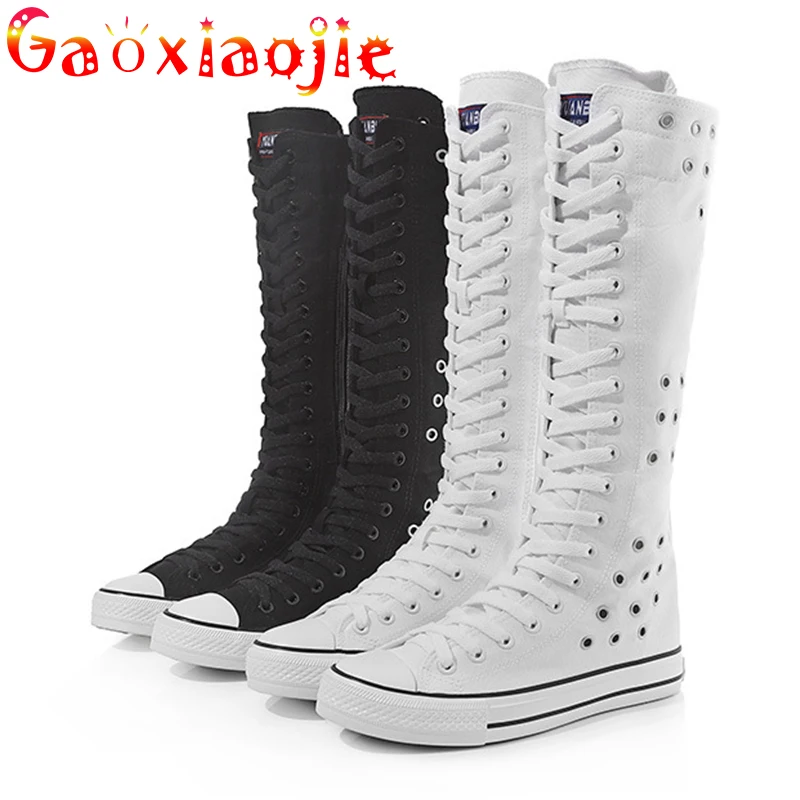 Módna neformálna vysoká horná trubica topánky Ženy 2021 Jeseň Priedušná dutina bočná zips Lace-up tanečné topánky Lady Canvas Shoes