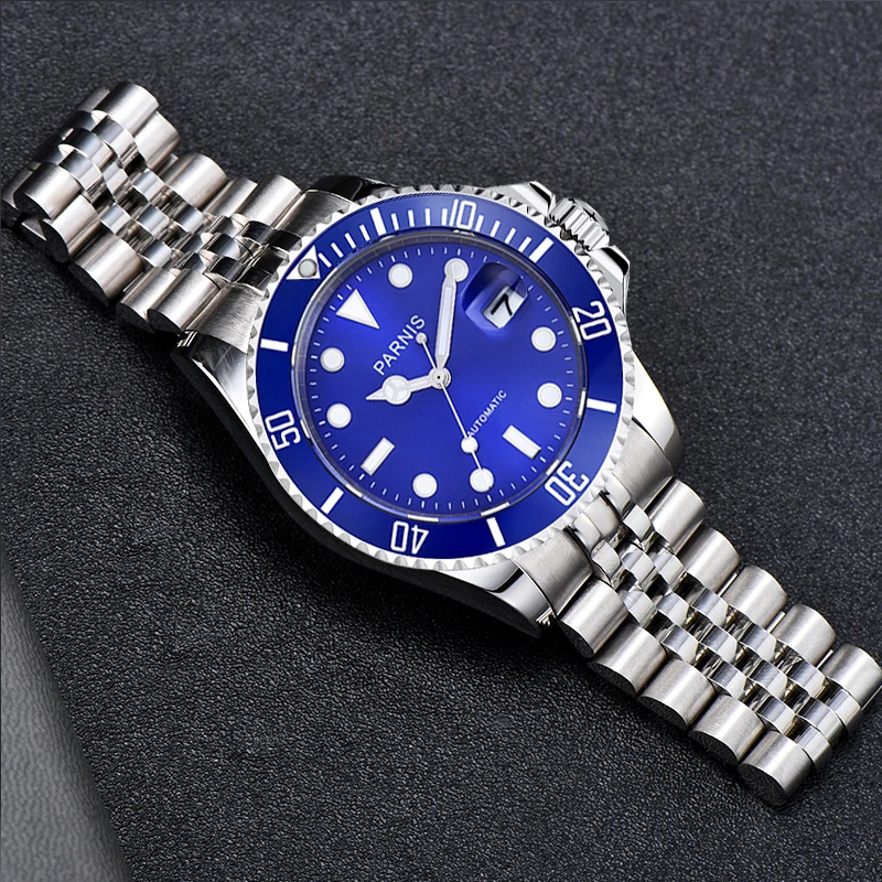 Módna parnis 40 mm modrý číselník Automatické mechanické pánske hodinky zafír Crystal Miyota 8215 Muži náramkových hodiniek reloj hombre 2024