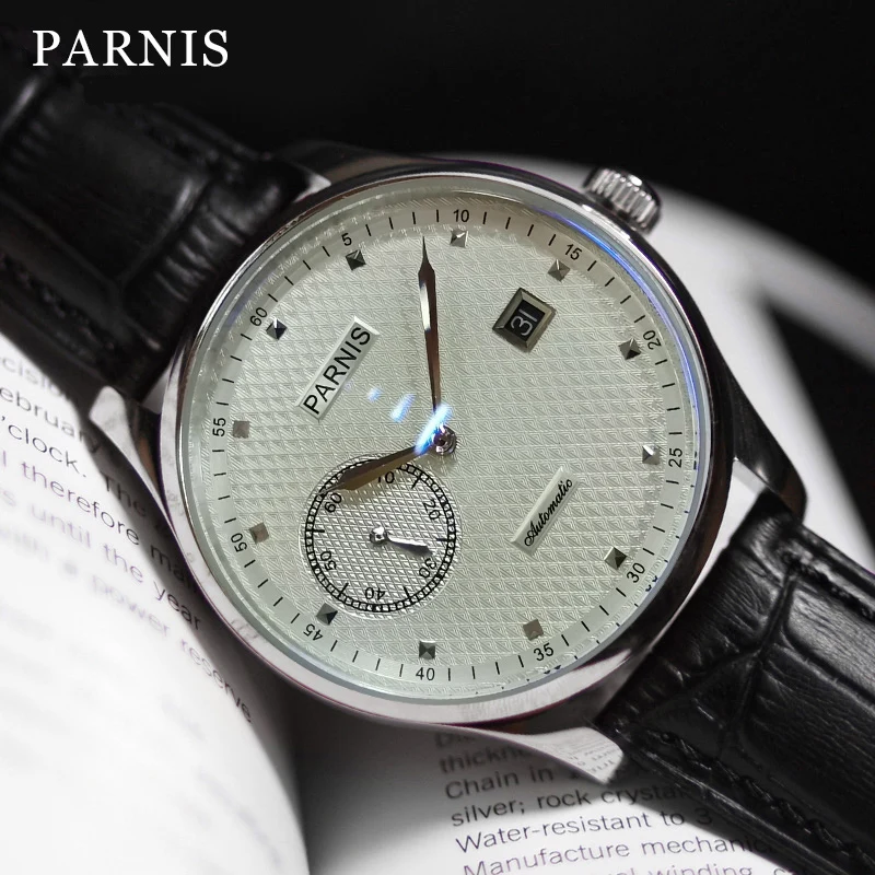 Módna parnis 43 mm strieborná puzdro Automatické pánske hodinky kožené remienok Power rezervné mechanické mužov náramkové hodinky 2024 Muž nové hodiny