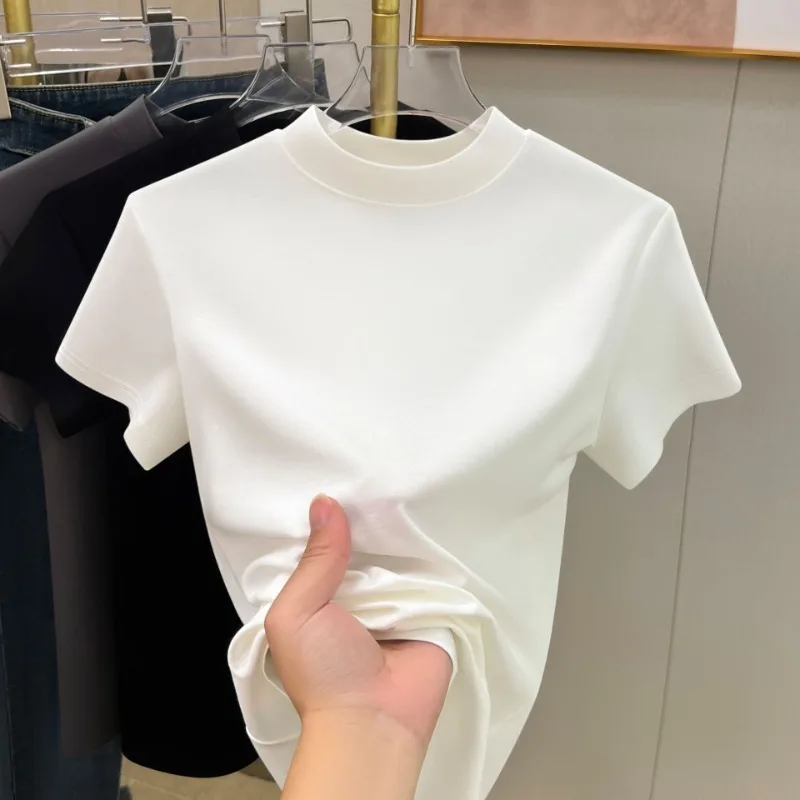 Módna polovica vysokého goliera Tops s krátkym rukávom letná masová farba štíhle fit tričká pre dámske odpaliská kancelárska dáma oblečenie T274