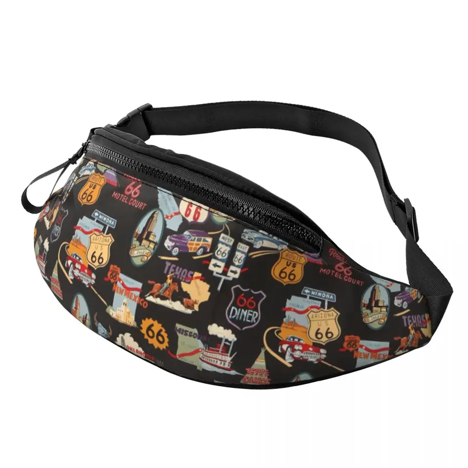 Módna retro trasa 66 Znaky Fanny Pack Ženy Men Men Men Pamenné pamiatky Crossbody WAIST BAG na kempingové cyklistické telefóny PENIAZE PENIAZE
