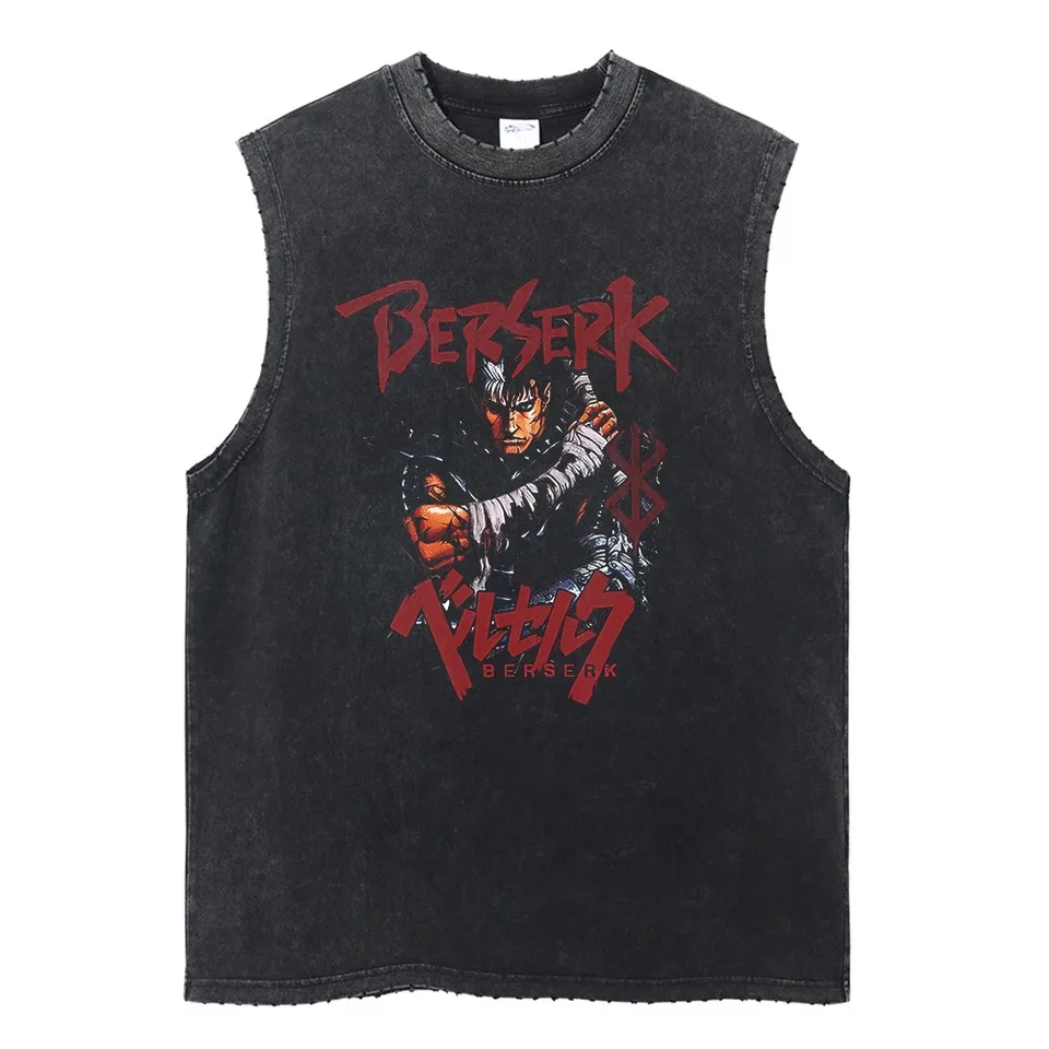 Módna roztrhaná neformálna vesta Harajuku Streetwear Wased Anime Print Tops Tops Men letné rukávové bavlnené vinobranie vesta Tee unisex