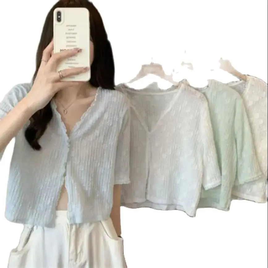 Módna sladká šnurovacia šnurovanie žien letný polovičný rukáv s opaľovacím krémom Žena Candy Candy Chiffon Crop Tops