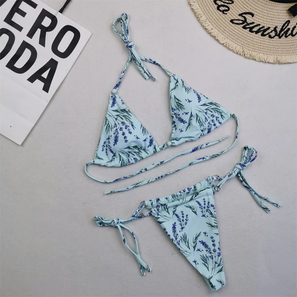 Módna tlač bikín tangá reťazec sexy trojuholník plavky Split Vintage Trend Trend Dámske micro pláž plavky bikiny set