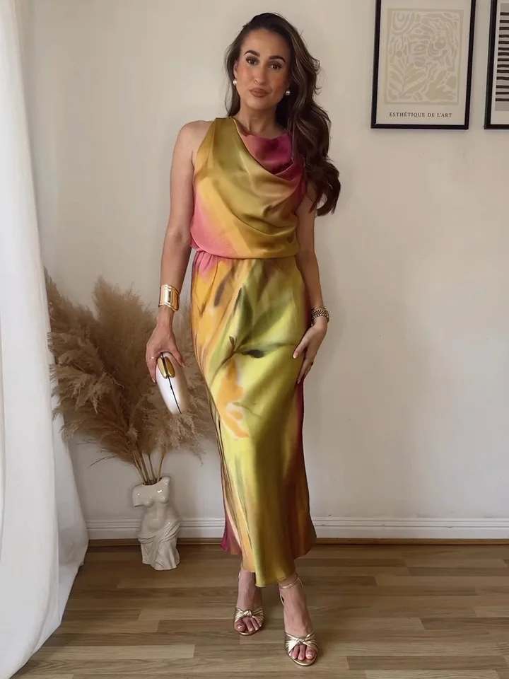 Módna tlač saténovej sukne súpravy elegantné outfit cowl krk bez rukávov bez rukávov Top a midi sukne