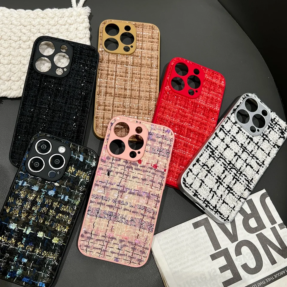Módna tweed bunda rovnaké puzdro pre telefón pre iPhone 16 15 14 13 12 11 Pro Max Plus Ochrana fotoaparátu Mäkký silikónový nárazový vodorec