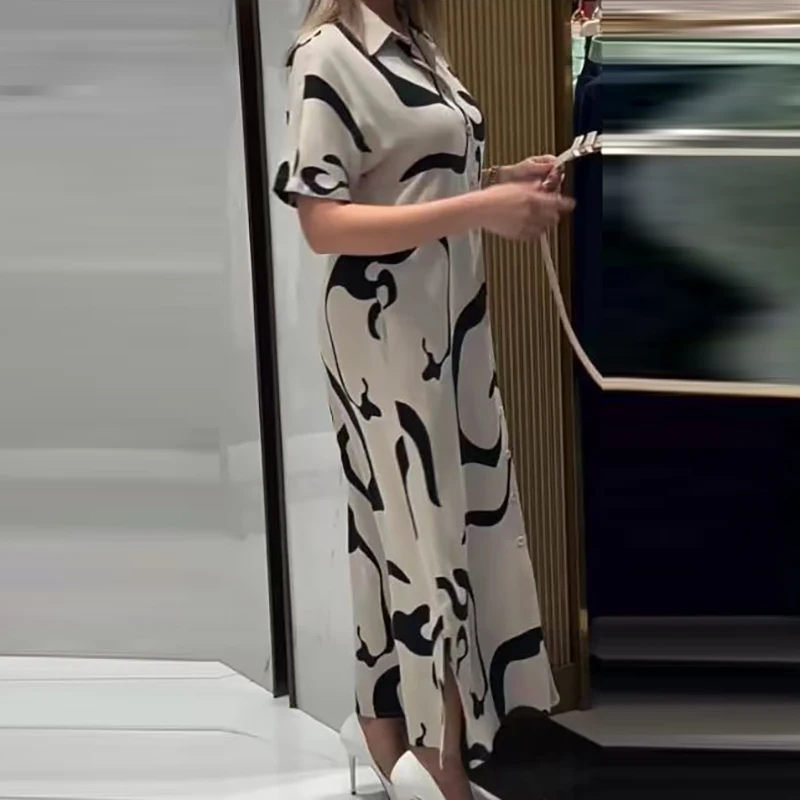 Módna ulica na vysokej ulici Vestidos Príležitostné dámske klopy single single voľné šaty elegantné dlhé šaty s krátkym rukávom