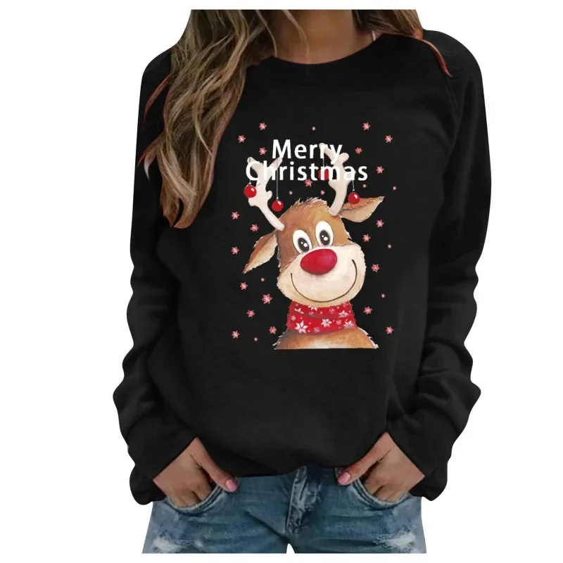Módna vianočná séria Hoodie Dámska nová karikatúra s dlhým rukávom s okrúhlym krkom Pullover Top Top Top Strhirt harajuku