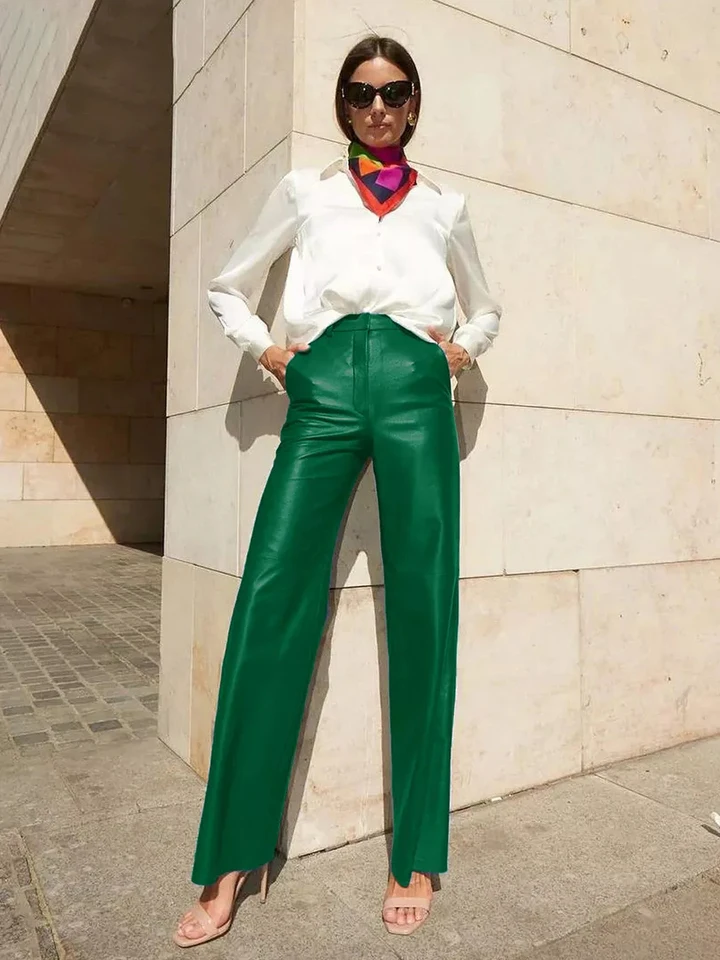 Módna zelená kožená dámska nohavice Elegantné štíhle vysoké pásové rovné nohavice Streetwear Pantalons Female Oploating