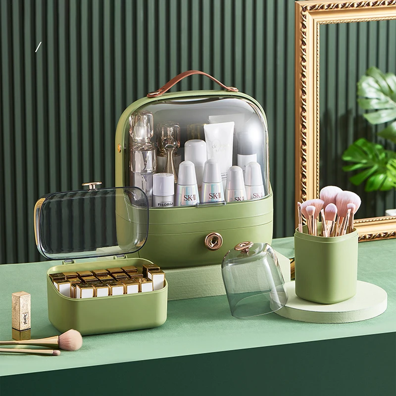 Módna zelená luxusná kozmetika úložný box toaletný stolík DustodoPusprood Organizátor make -up make -up úložný priestor pre držiak