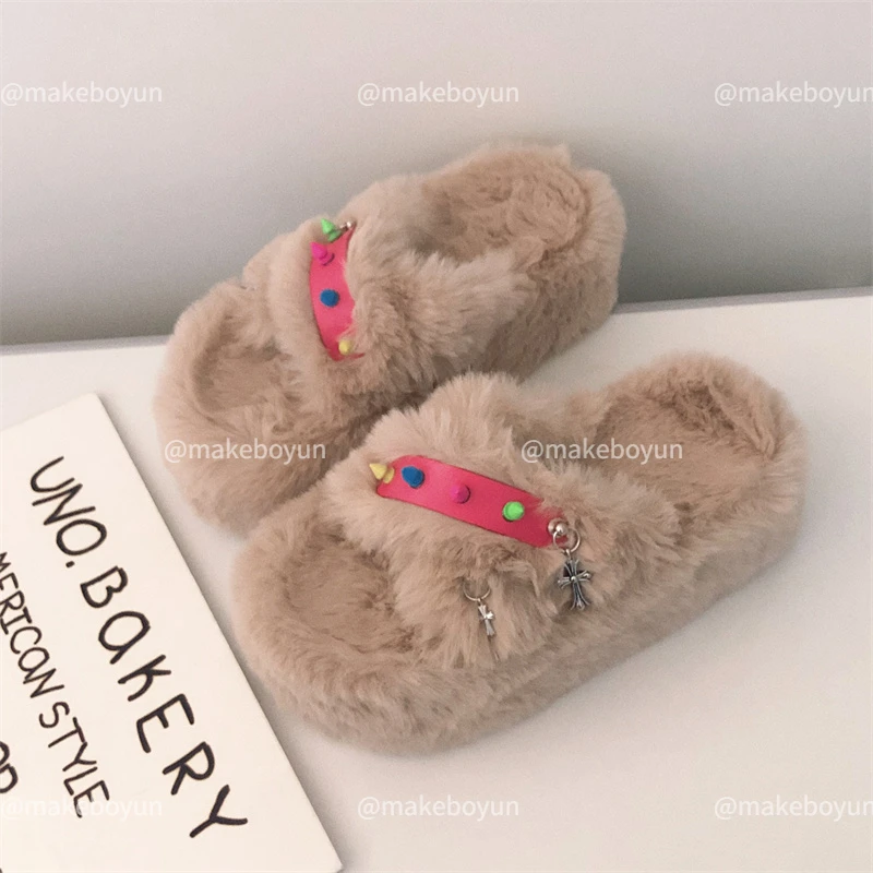 Módna zimná vonkajšia obuv pre ženy Faux Fur Warm Patispers y2k punk topánky