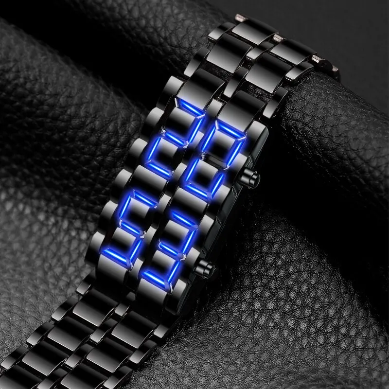 Módna čierna kovová digitálna digitálna láva zápästie Watch Men Blue LED Display Pánske hodinky Darčeky pre mužský chlapík Športové kreatívne hodiny