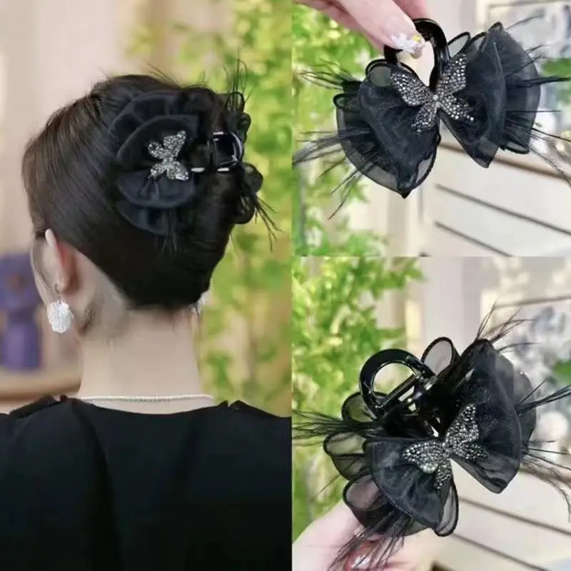 Módna čierna motýľ vlásenka Vlasové doplnky pre ženy retro elegantné sieťové perie uchopte klip hlavu odev šperky diadikový darček