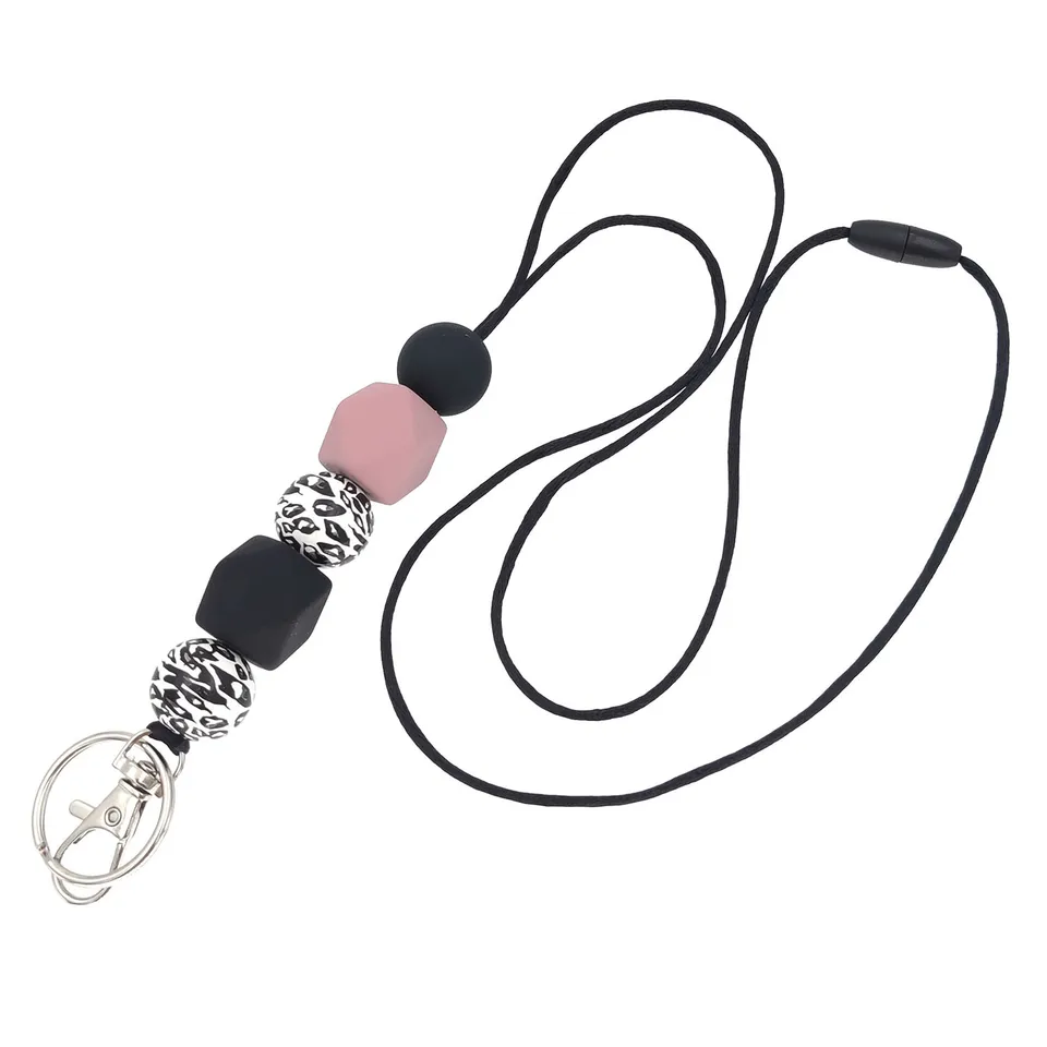 Módna čierna okrúhla štvorcová korálka Náhrdelník Lanyard for Women reťazec s ID