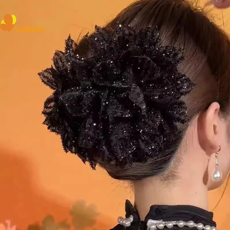 Módna čierna sieťová kvetina klip Dámsky žralok Spark Clip Headress Tempere kvety kvetinové vlasy pazúry hlavy hlavy Vlasové doplnky