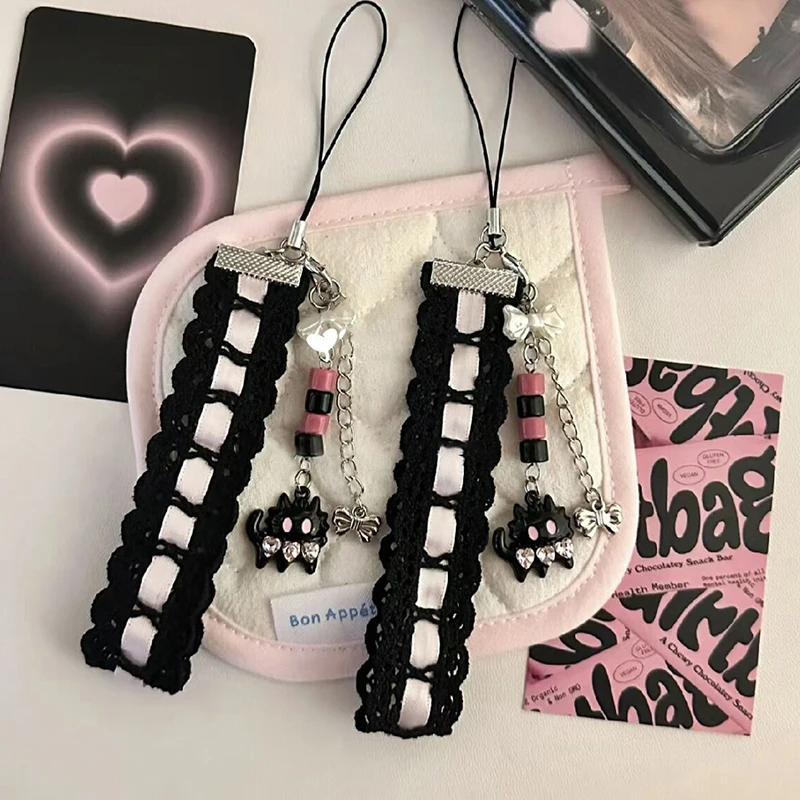 Módna čipka mačacie labky korálkový mobilný telefón Anti-Lost Lanyard Universal roztomilý mobilný telefón retiazka Cartoon Bow Heart Phone Charm Darčeky