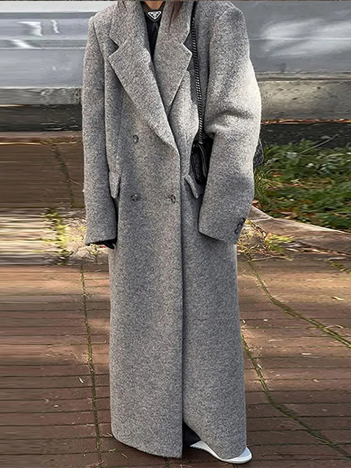 Módna šedá dlhá dámska kabátová obojok obojok s dvojitým dojčeným s dlhým rukávom Coats Fashion Vintage Winter Windproof Dámska bunda