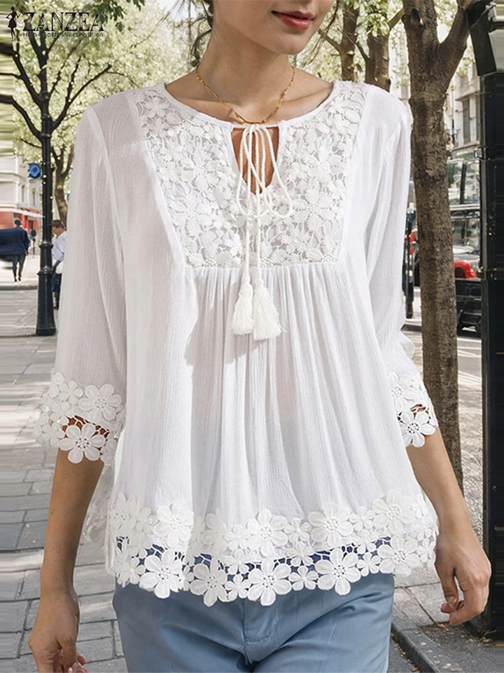 Módna šnurovanie dovolenkovej blúzky Ženy biele topy letné jesenné košeľa Zanzea Elegantné čipky s krátkym rukávom Blusas Príležitostné voľné chamise