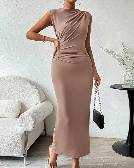 Módna štrbina bez rukávov O-krk Bodycon Solidy Sexy Folds šaty 2024 letné ženy Streetwear Party Club Elegantné oblečenie y2k rúcho