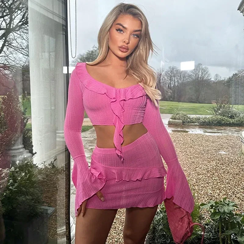 Módna štrbina bočného štrbiny s dlhým rukávom Top Sexy Sexy Short Bodycon sukňa dvojdielne oblečenie Dámske oblečenie Nový príchod