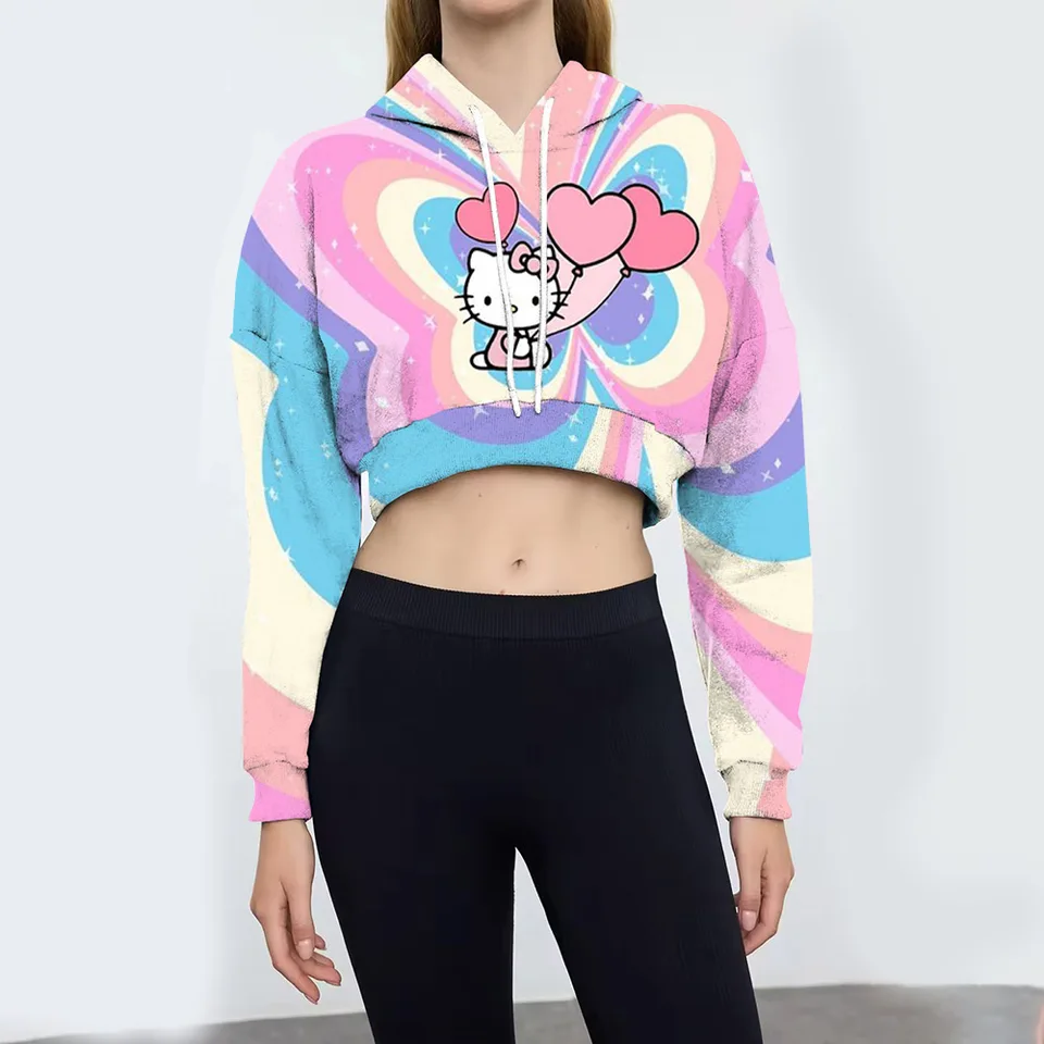 Módna ženská mikina osobnosť Hello Kitty Kuromi tlač plodiny ultra krátky štýl dlhý rukáv Top Autumn Nová ženská mikina