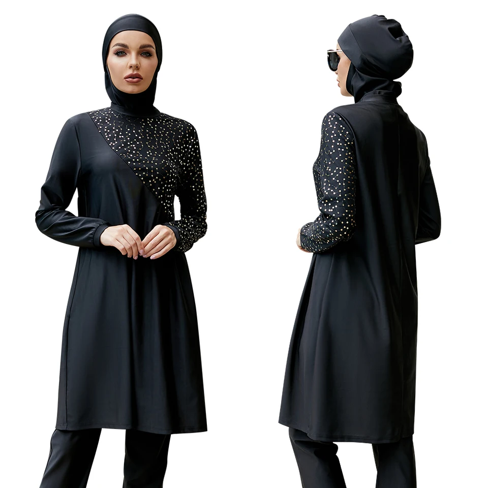 Módne burkini plavky islamské ženy Flitrované moslimské plavky s dlhými rukávmi 3 kusy set abaya femme burkini dlhé