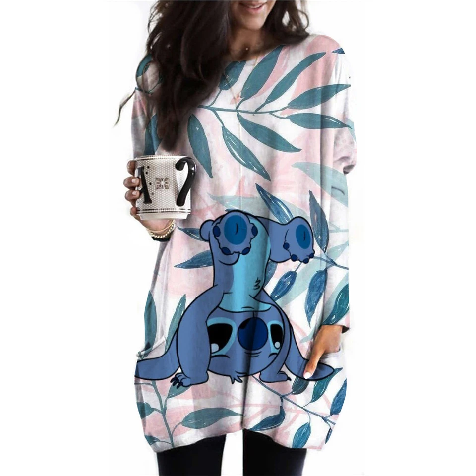 Módne dámske tričko Disney's Lilo & Stitch Tlačené tričko Príležitostné tričko s dlhým rukávom Harajuku Dámske streetwear patte