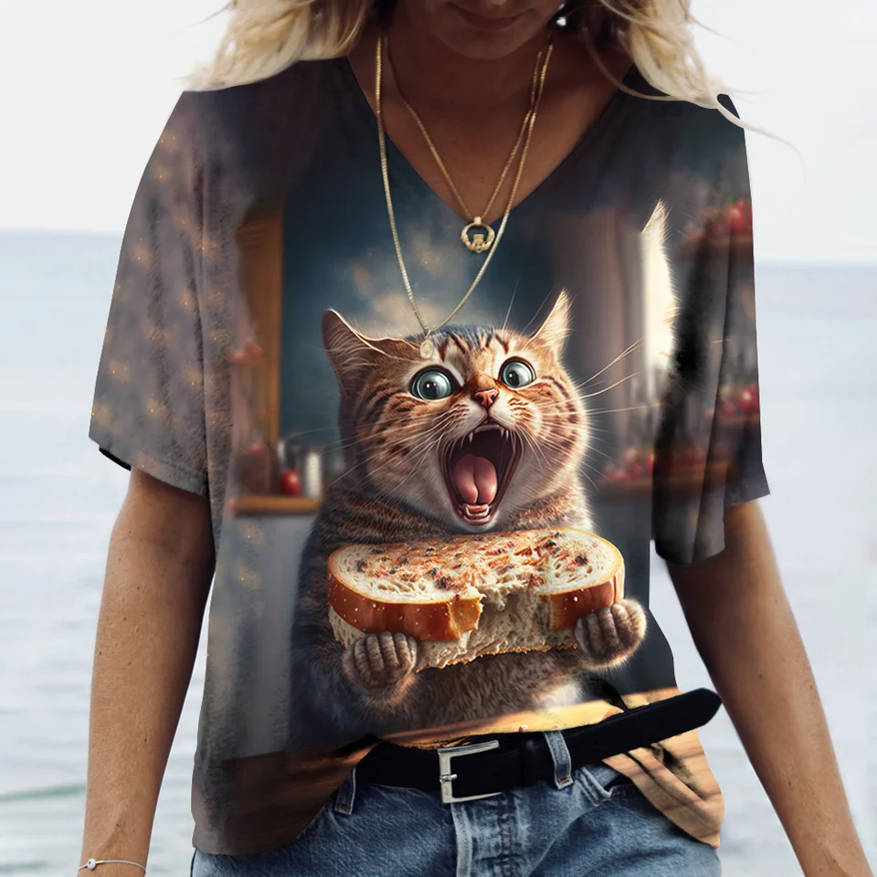 Módne dámske tričko Tričko Mačka tlačená krátky rukáv Žena Harajuku Tees Ladies tričko s nadmerne vysokým obsahom výstupu v krku zvierat