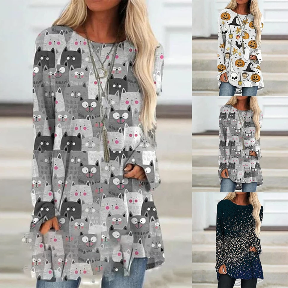Módne dámske tričko Tričt mačka potlač s dlhým rukávom Top voľný odev vysokokvalitné plus veľkosť dámske tričko okrúhly krk Jumper