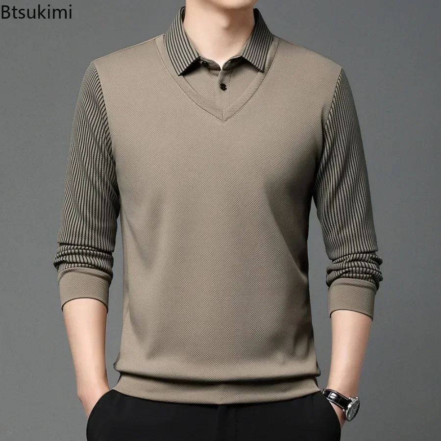 Módne falošné dvojdielne muži s dlhým rukávom Stripe Stripe Splice Loose Loose Casual Pullover Tops 2024 Mužské formálne obchodné polo tričko