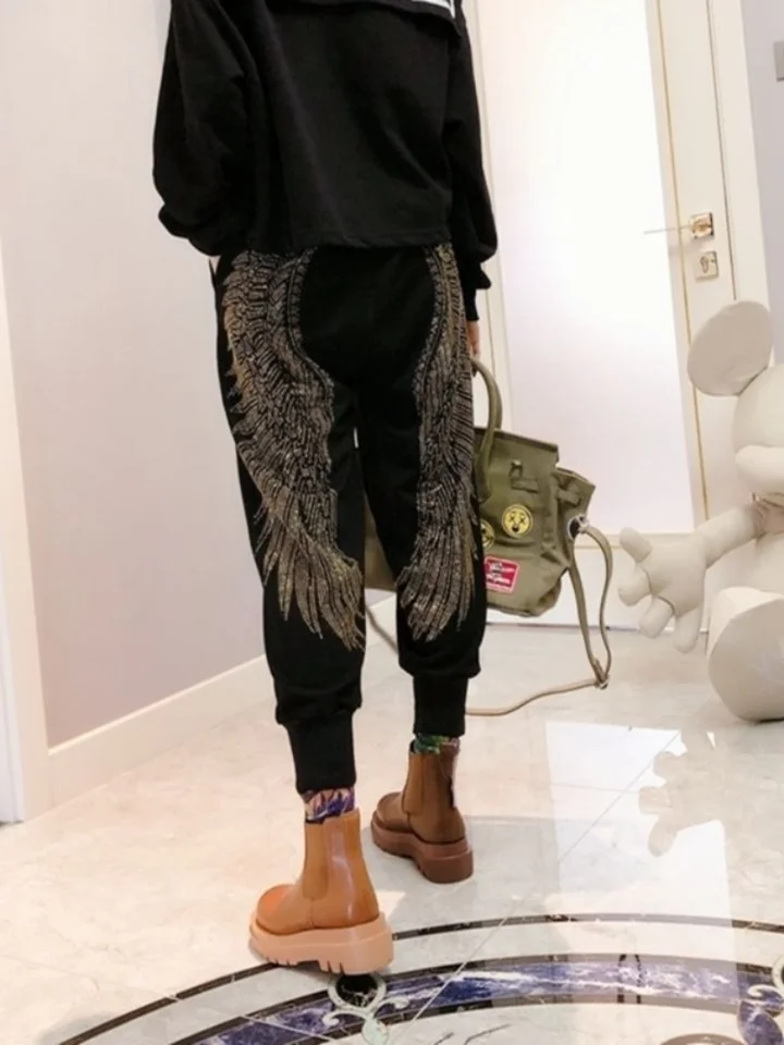 Módne harémové nohavice Ženy s kamienkami pre streetwear Sports Sports Womany Loose Casual Sweatpants Y2K čierne zlaté nohavice
