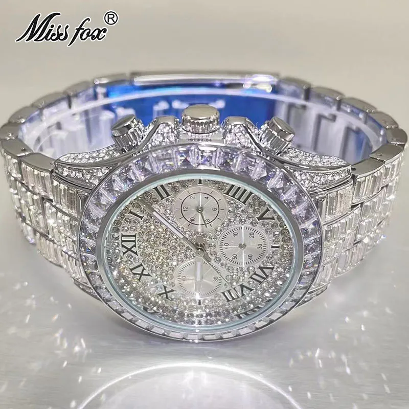 Módne hodinky pre mužov značka Missfox Luxury Rainbow Square Diamond Wrist Watches Iced Out šperky kremenné hodiny