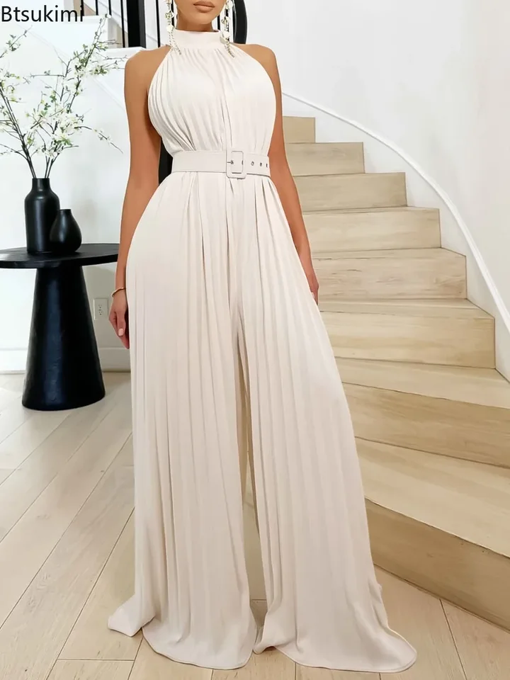 Módne kombinézy pre ženy Temperament Solid bez rukávov sexy neformálne široké nohy skladané romány Ženy Party BodySuits s opaskom