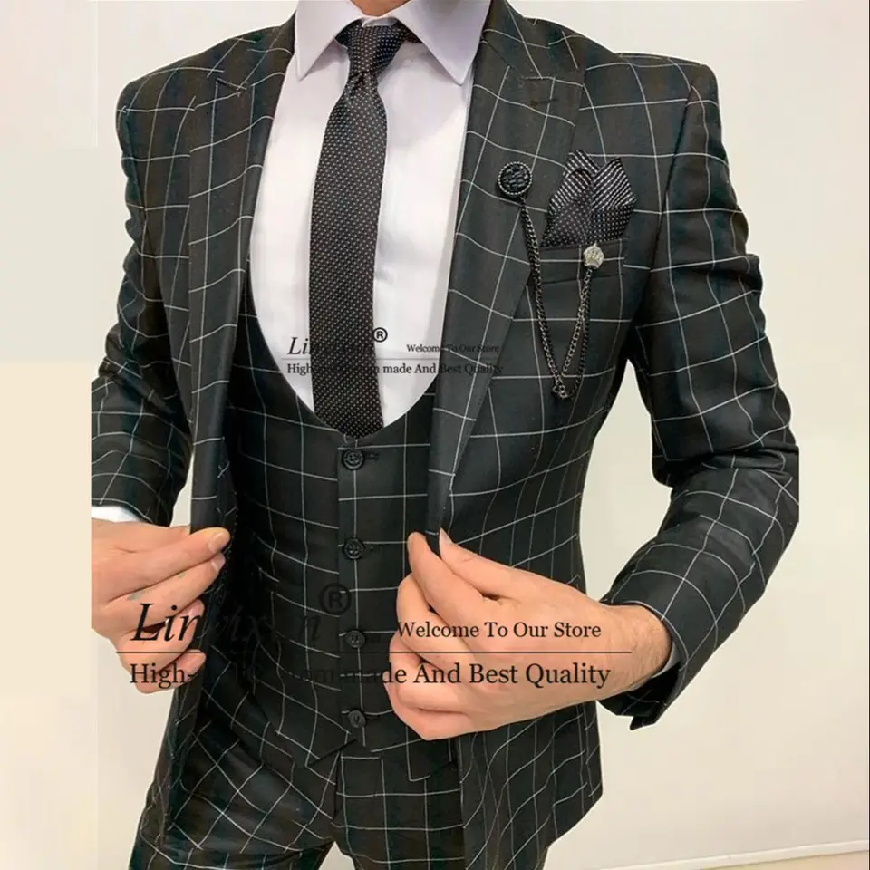 Módne kotlene Slim Fit Suits for Men Svadobný ženích smoking 3 kusy stanovené obchodné kancelárie Blazers Trajes elegante para hombres