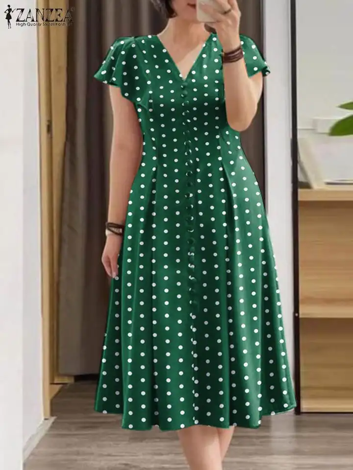 Módne letné polka bodky slnečné šaty zanzea dám v krk s krátkym rukávom šaty elegantné gombíky midi midi midi midi casure sviatočné večierok Vestidos