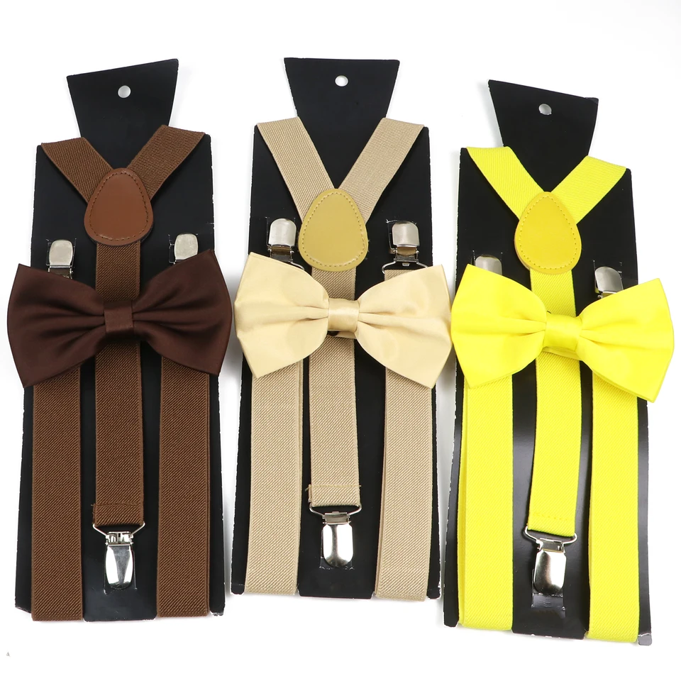 Módne muži deti podväzky Bowtie Sety na svadobné večere darček Brown khaki Elastic y-back popruhy nohavice košele príslušenstvo