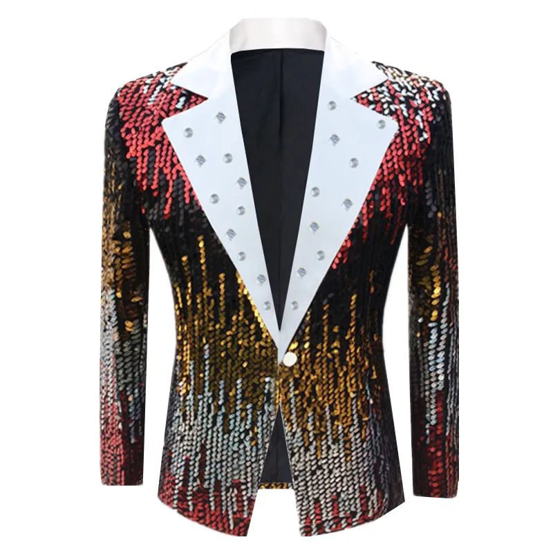 Módne muži flitry Suit Slim Fit bunda hostiteľ spevák klavirista scéna Performance luxusné šaty One Button Blazer