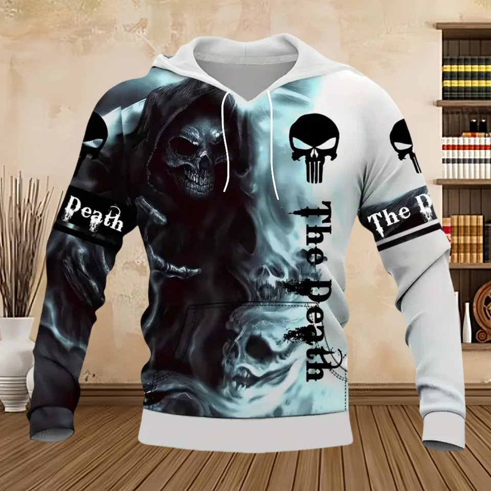 Módne muži mikiny Štyri sezóny Vintage lebka 3D tlač pullover mikiny muži pohodlie klokany vrecko y2k mikiny oblečenie